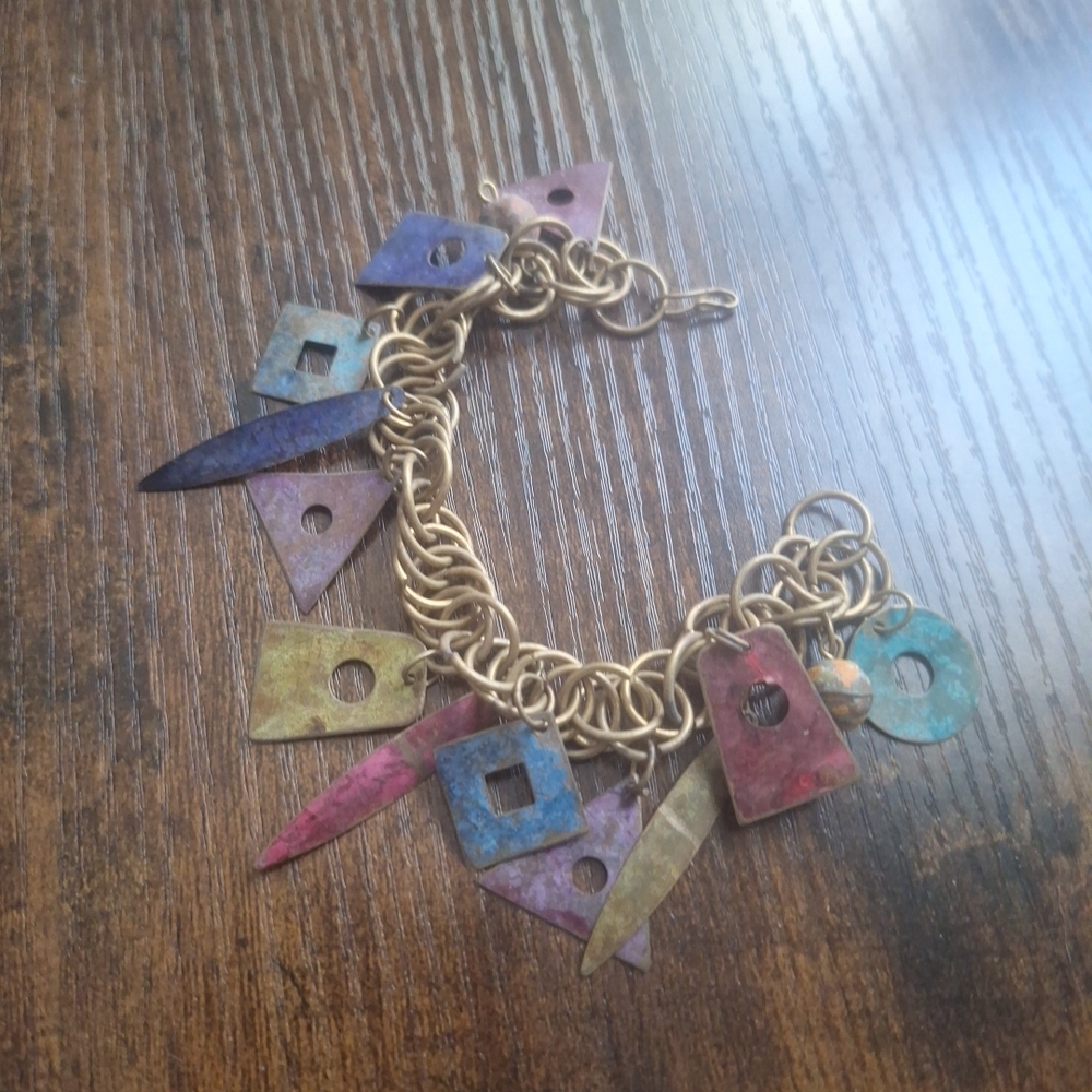 7" Vintage Artist Handmade CHARMS Bracelet Copper Modern Colorful Geometric